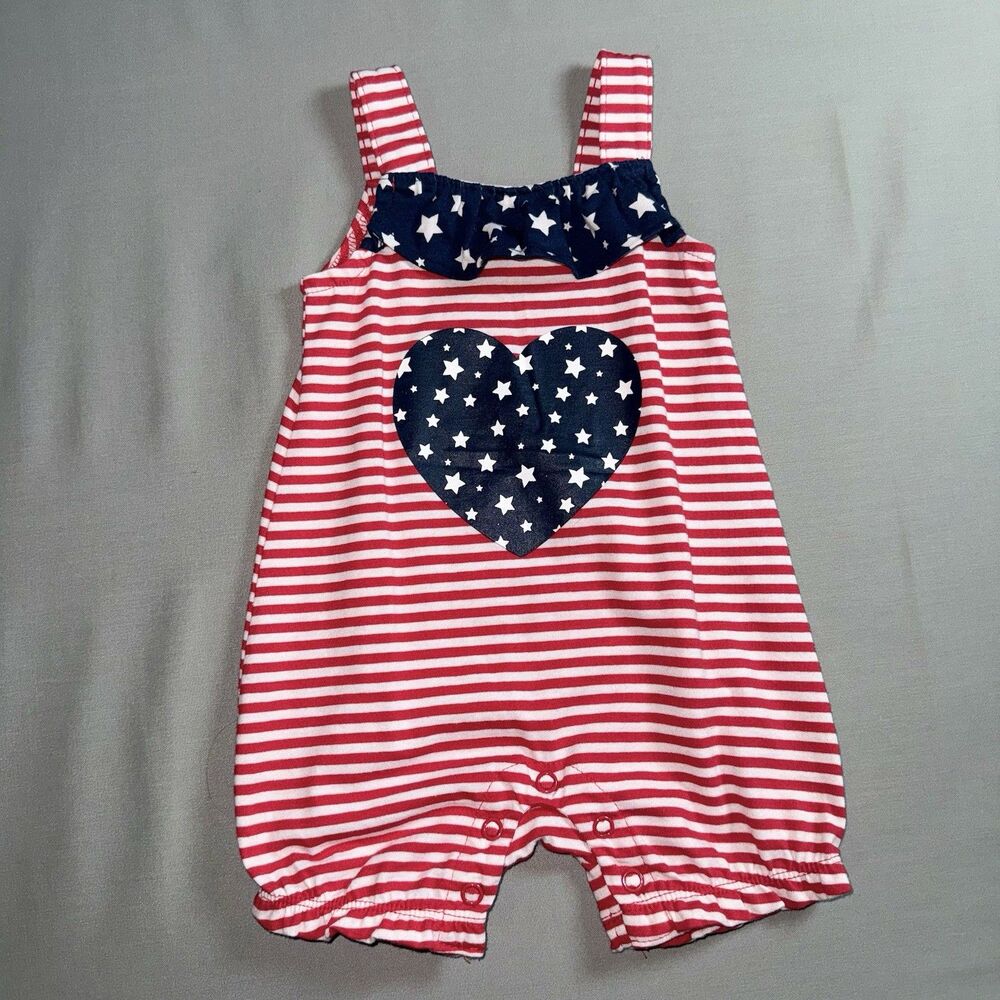 Patriotic Baby Romper 0-3M Red White Blue Heart Stars Stripes Fourth of July USA